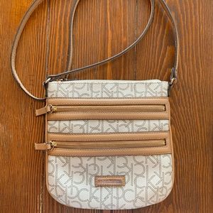 Calvin Klein Tan and White Leather Crossbody